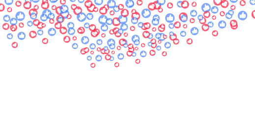 Like and thumbs up icons flying on transparent background. Social media elements. 3d social network symbol. Counter notification icons frame. Emoji reactions. PNG image.