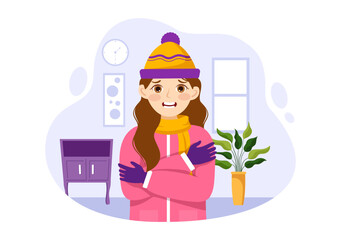 Sick Person Flu and Cold Sickness Illustration with People Wearing Thick Clothes in Flat Cartoon Hand Drawn for Health Care Landing Page Template