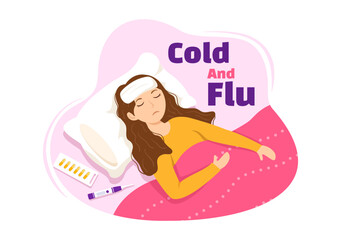 Sick Person Flu and Cold Sickness Illustration with People Wearing Thick Clothes in Flat Cartoon Hand Drawn for Health Care Landing Page Template