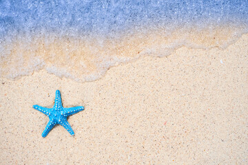 Fototapeta na wymiar Starfish on sandy beaches and stunning blue sea waves on the Andaman Islands.