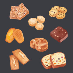 Set of delicious cookies watercolor vector illustration.