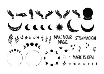Boho vector illustration set - witchy hands, celestial elements, moon phase, floral, star. Hand drawn mystical clipart isolated on white. Esoteric symbol, magical logo, mystery tattoo.