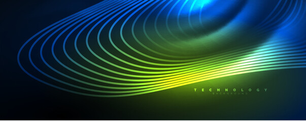 Techno neon wave lines, dynamic electric motion, speed concept. Templates for wallpaper, banner, background, landing page, wall art, invitation, prints