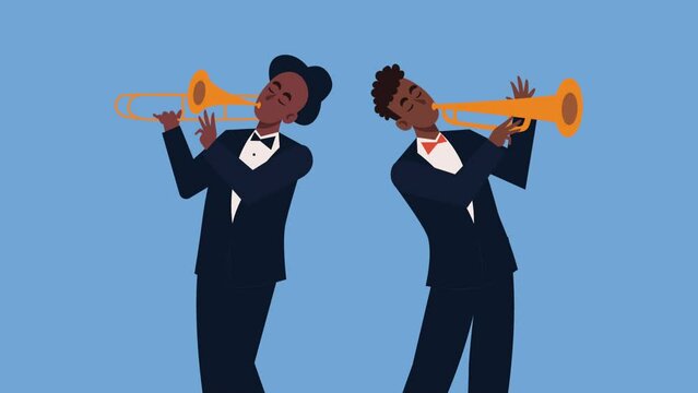 afro male artists playing trumpets animation