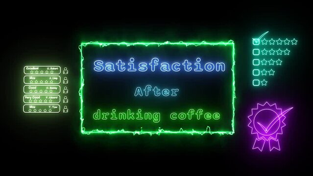 satisfaction after drinking coffee Neon green-blue Fluorescent Text Animation green frame on black background