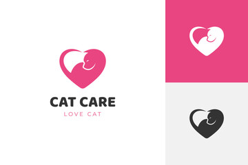 silhouette cute cat care logo icon design with love or heart graphic element combination for animal hospital logo template