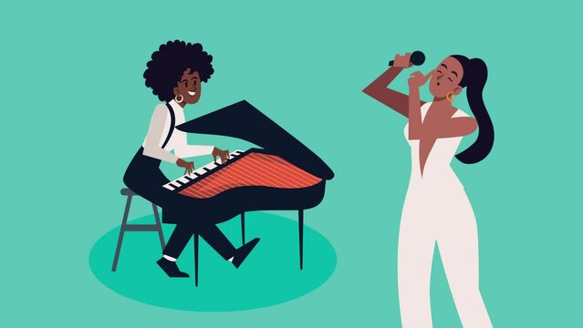 girls singing and pianist characters animation