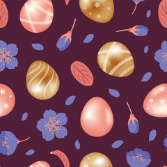 happy easter. Golden and pink chocolate eggs with stars and stripes. Spring flowers, forget-me-nots. Seamless pattern. illustration in realistic style. For wallpaper, fabric, wrapping, background.