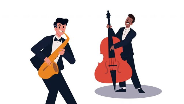 male artists playing jazz instruments characters animation