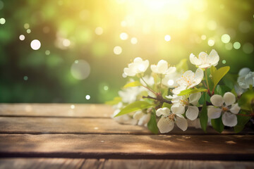 Botanical Bliss: Blooming Blossoms on Wooden Table with Bokeh and Flare - AI generated