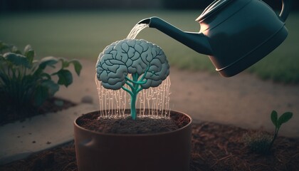Growing Brain. Watering the Brain. Mental Health concept. Take care of oneself concept. Selfcare Growth. Generative AI.