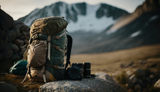 Hiking and camping gear. Outdoor travel adventure in the mountains concept. Generative AI.