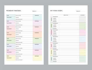 2 set of Meal Planner and workout tracker planner. Plan you food day easily. Vector illustration.