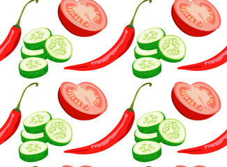 Pattern with cucumber, tomato and chili pepper. Seamless pattern in vector. Realistic image of vegetables. Isolated figures.