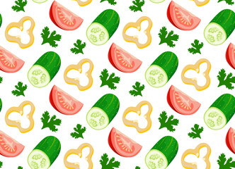 Pattern with sliced cucumbers, tomatoes, bell peppers and parsley. Pattern with food. Seamless pattern in vector. Realistic image of vegetables. Isolated figures.