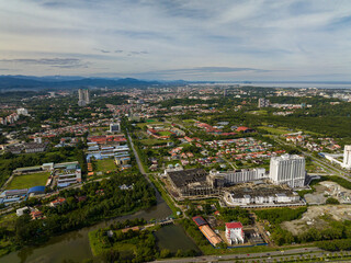Cityscape panorama of Kota Kinabalu city with modern buildings. Borneo,Sabah, Malaysia.