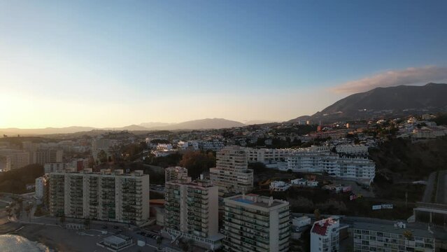 Fuengirola 360 view over beach, city and Sierra de Mijas mountains sunset