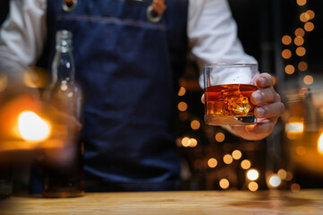 Bartender Serve Whiskey, on wood bar, 