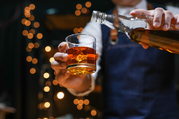 Bartender Serve Whiskey, on wood bar, 