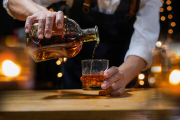 Bartender Serve Whiskey, on wood bar, 