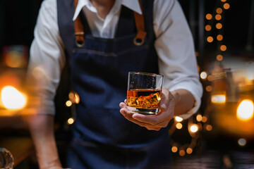 Bartender Serve Whiskey, on wood bar, 
