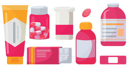 Vector cartoon image of medical supplies. The concept of healthcare, treatment and recovery. Hospital elements for your design.