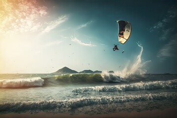 Kite surfing on Pacific beach. Photo generative AI - obrazy, fototapety, plakaty
