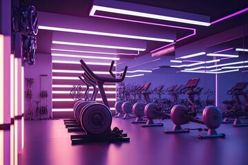 Modern Gym Interior: Barbells, Dumbbells, Exercise Bike, Ultraviolet Neon Lights.. Photo generative AI
