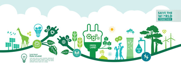 Save the world together green ecology vector illustration. - obrazy, fototapety, plakaty