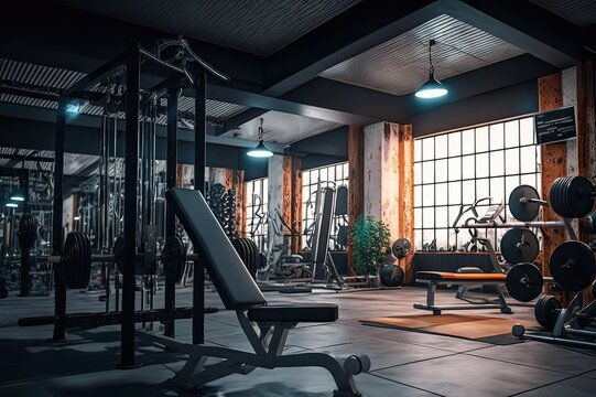 Modern, Big Gymnasium with Sports Equip. Photo generative AI