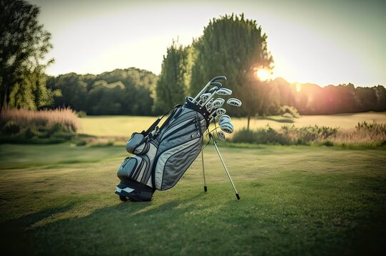 Golf bag with clubs on summer course. Photo generative AI