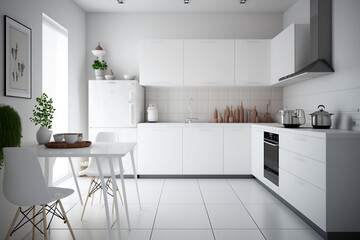 White tone modern and simple kitchen view with kitchen facilities and furnitures