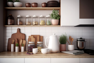 Fototapeta na wymiar Well organized kitchen view with spice bottles, cutting board, plants, peaceful kitchen to prepare for a healthy meal