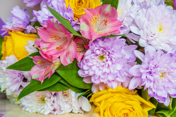 Beautiful spring bouquet close-up. Multicolored flowers.Flowers close-up.Spring holiday flowers.