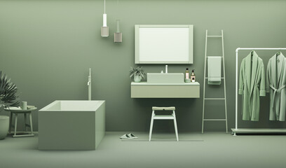 Green bathroom interior color of the year 2023. Patel blue color. Template modern design interior home. 3D rendering	