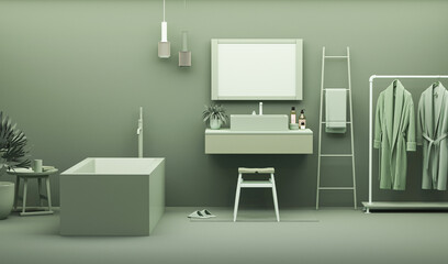 Fototapeta premium Green bathroom interior color of the year 2023. Patel blue color. Template modern design interior home. 3D rendering 