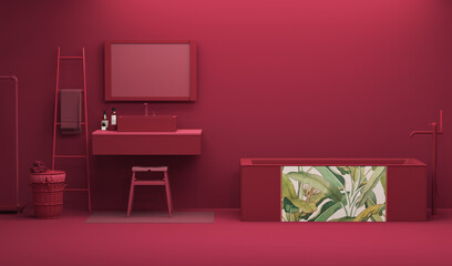 Viva Magenta bathroom interior color of the year 2023. crimson red burgundy color. Template modern design interior home. 3D rendering	