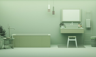 Green bathroom interior color of the year 2023. Patel blue color. Template modern design interior home. 3D rendering	