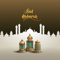 islamic greeting eid mubarak card design with beautiful lanterns