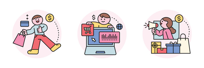 Online internet live commerce. People shopping on mobile and computer. Shopping bag, computer and loudspeaker.