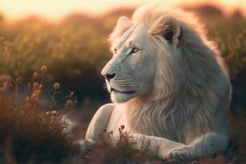 Portrait of a majestic white lion in the light of the sun in savanna. Generative AI. - obrazy, fototapety, plakaty