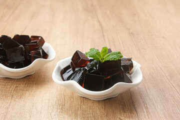 Cincau or Grass jelly (Mesona chinensis). Familiar during the month of Ramadan in Indonesia.
