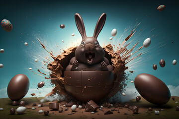 Horror scare - crazy, scary chocolate easter bunny explodes in a surprise out of a huge easter egg, to terrorize!