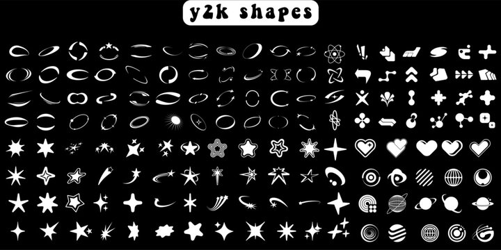 Big collection of abstract graphic geometric symbols and objects in y2k style. Retro futuristic elements for design