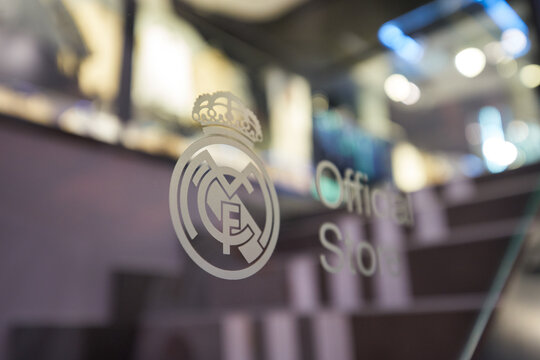 MADRID, SPAIN - CIRCA JANUARY, 2020: close up shot of Real Madrid Official Store sign.