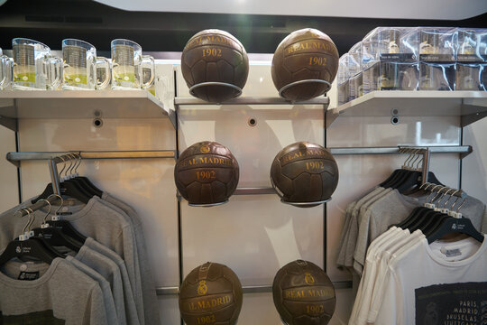 MADRID, SPAIN - CIRCA JANUARY, 2020:  fotball balls displayed in Real Madrid Official Store