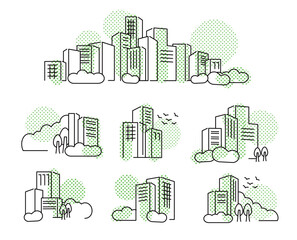 フラットな線画イメージドットパターン緑の都市の景観イラスト	