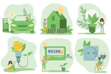 Sustainability illustration set in flat style. Energy saving light bulb, electric vehicle, solar panels, unplugging appliances, home utilities. Green electricity and power save concept.