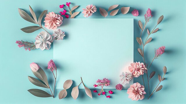 Flowers composition. Paper blank, pink flowers on a pastel blue background