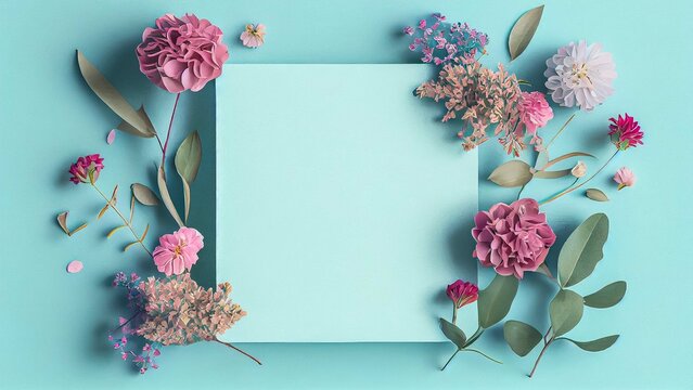 Flowers composition. Paper blank, pink flowers on a pastel blue background